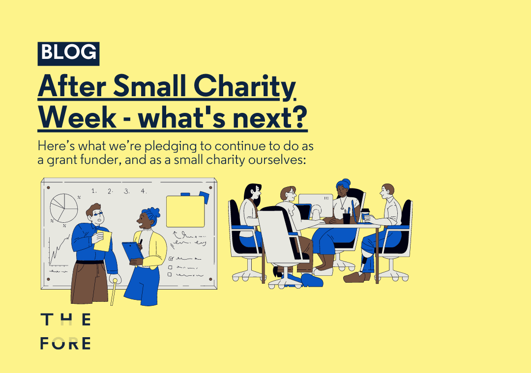 After small charity week, what's next? Here's what we're pledging to do as a grant funder. Yellow background, with illustrations of a diverse team sat around a table and whiteboard, collaborating on sometime exciting.